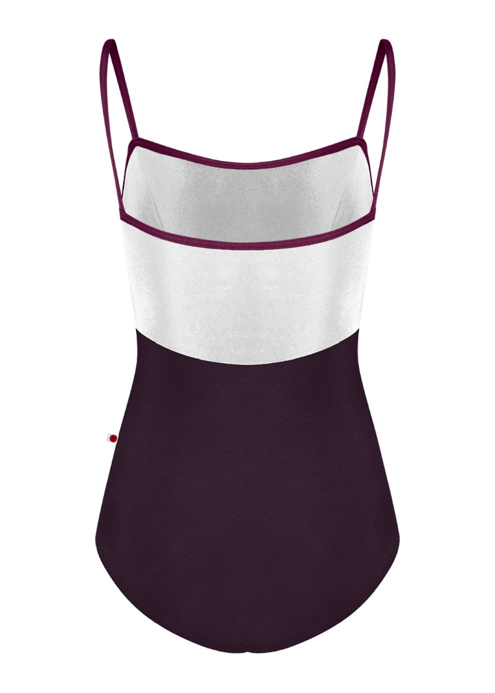 Yumiko Oct-26-04 Denise camisole leotard with top in White velvet, bottom in Eggplant, and Opera trim