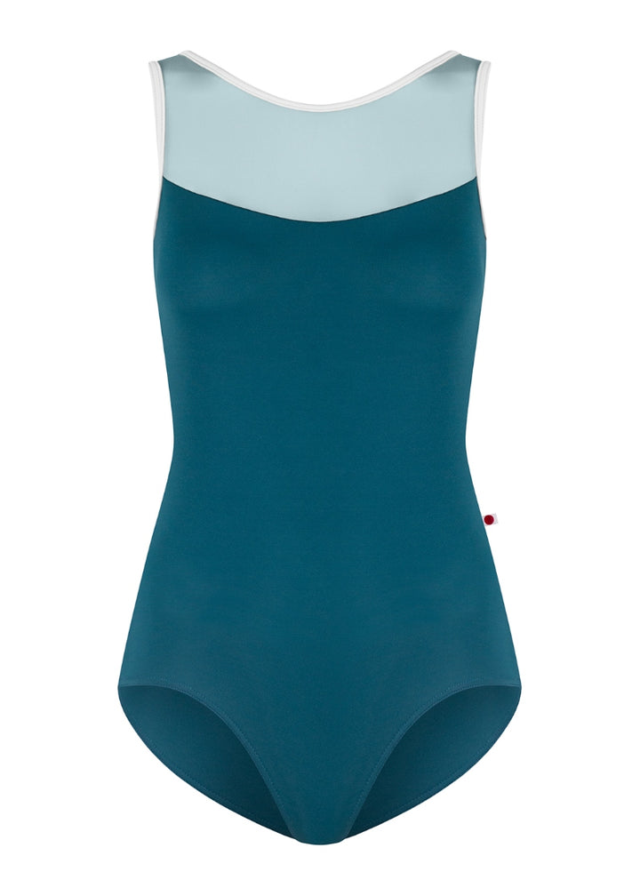Yumiko Oct-26-08 Meagan tank leotard in Zenith with Lagoon mesh and White trim