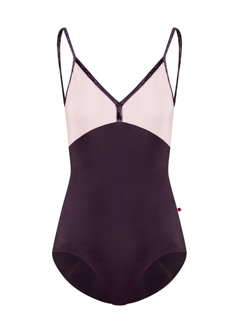 Yumiko eggplant and light pink camisole leotard with V neck and velvet trim