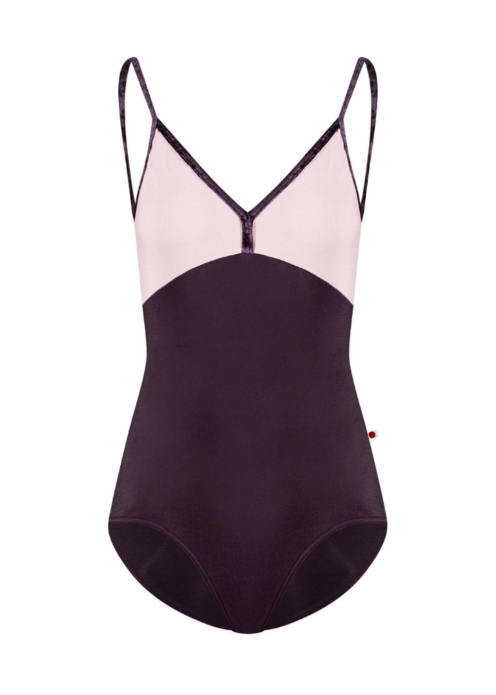 Yumiko eggplant and light pink camisole leotard with V neck and velvet trim