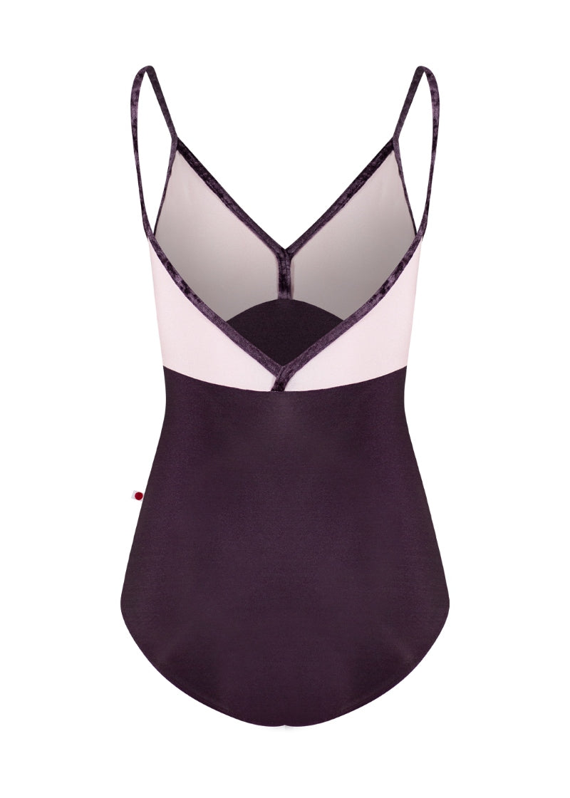 Yumiko eggplant and light pink camisole leotard with V back and velvet trim