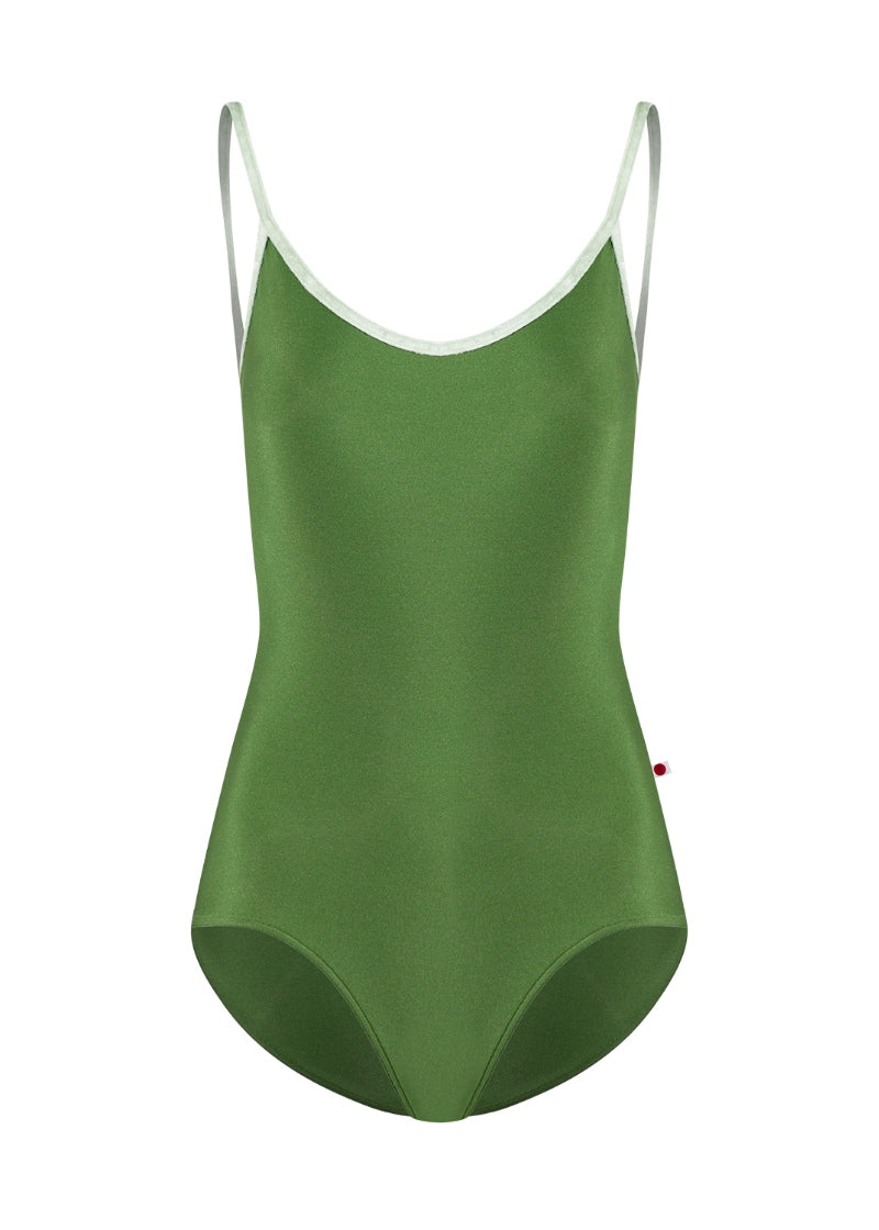 Yumiko green camisole leotard with light green velvet trim