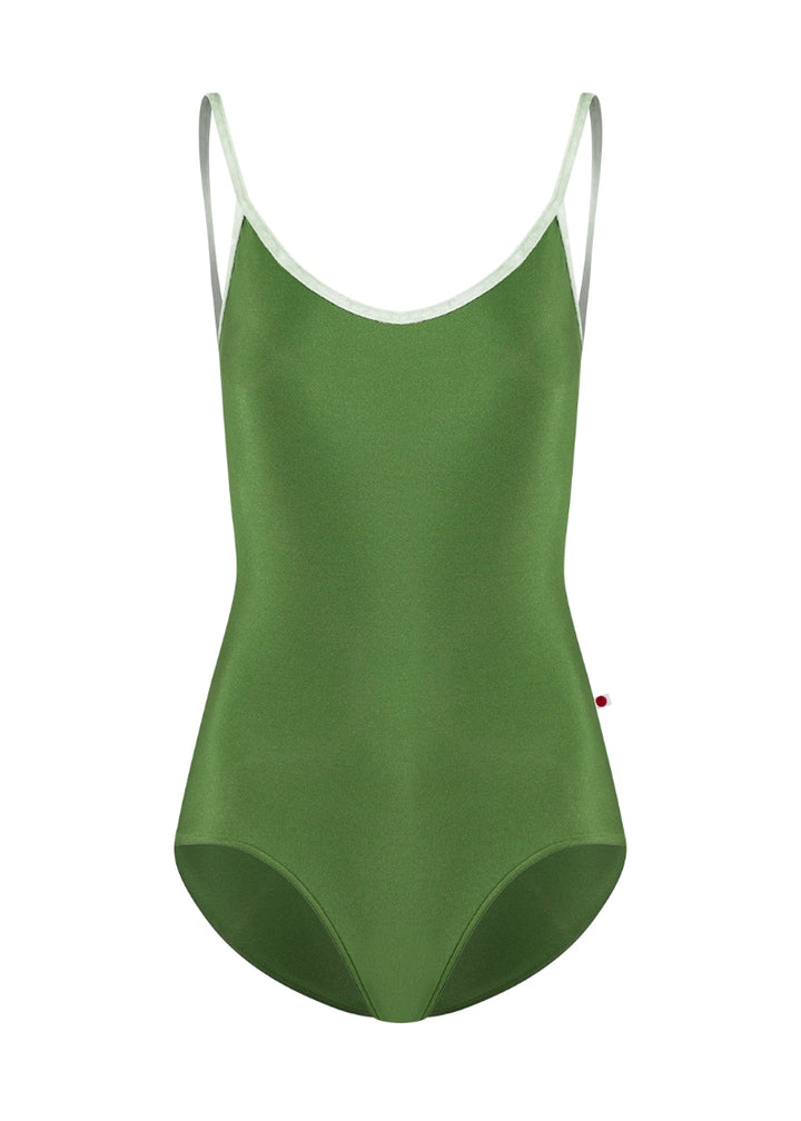 Yumiko green camisole leotard with light green velvet trim