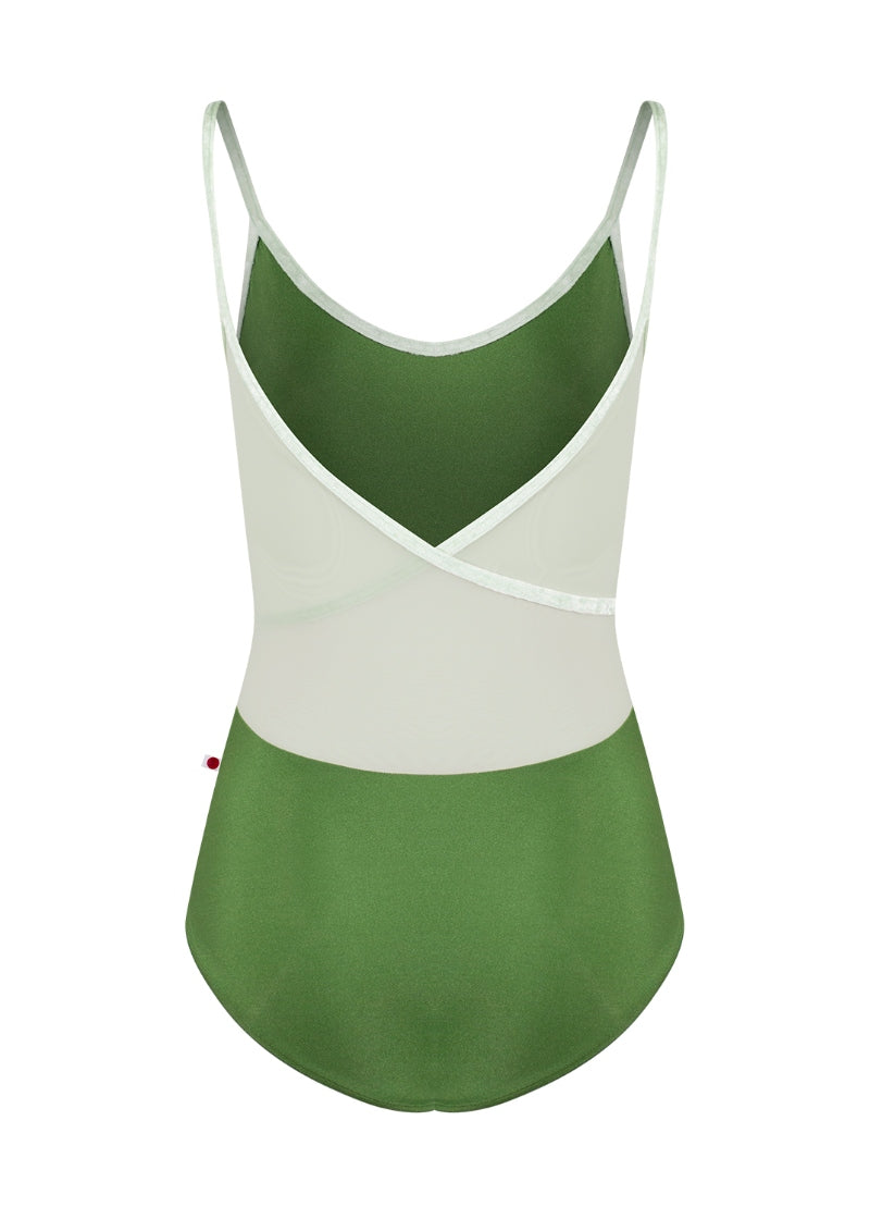 Yumiko green camisole leotard with light green velvet trim and light pink mesh wrap back