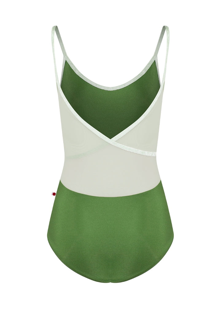 Yumiko green camisole leotard with light green velvet trim and light pink mesh wrap back