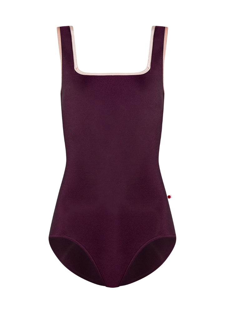 Yumiko burgundy tank leotard with light pink velvet trim