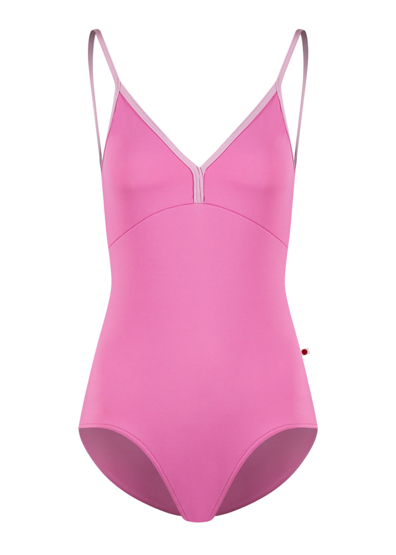 Yumiko women's Daria camisole leotard in bright pink with light pink trim and straps.