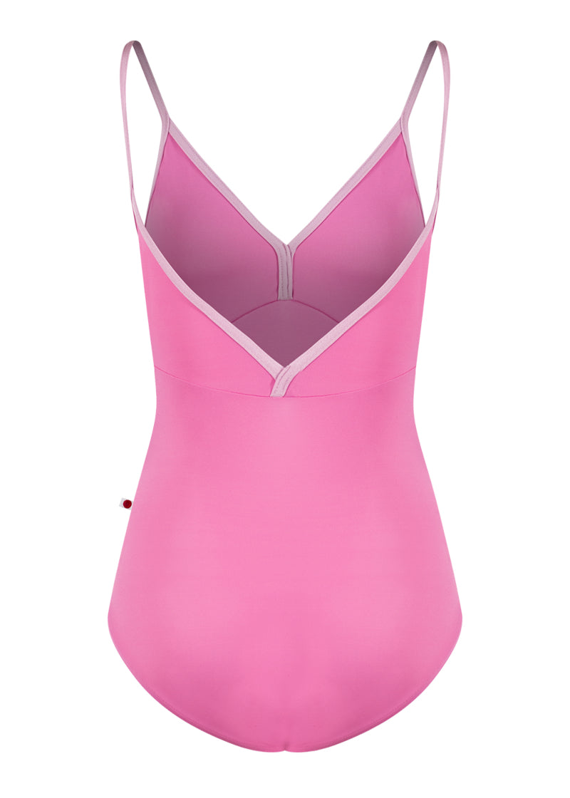 Yumiko women's Daria camisole leotard in bright pink with light pink trim and straps.