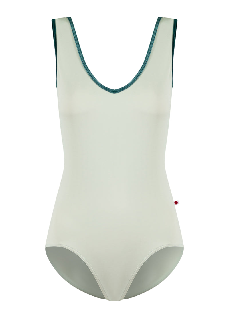 Yumiko women's Gina tank leotard in light green with green velvet trim.
