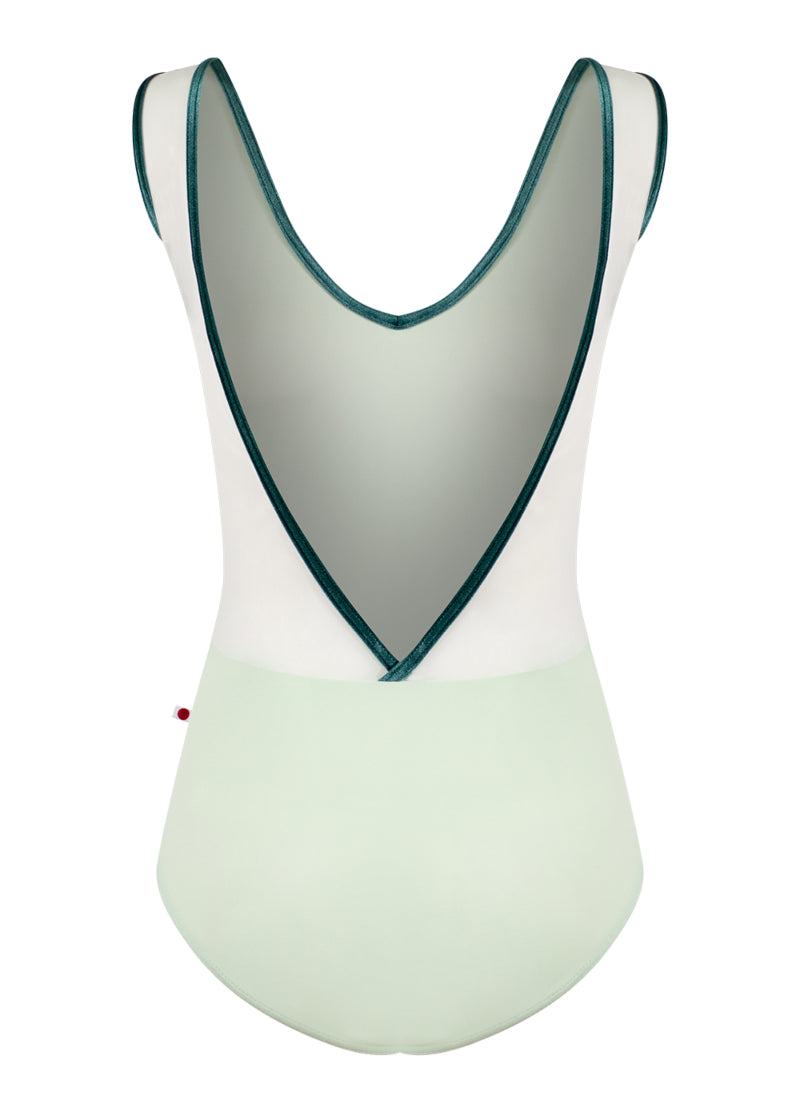 Yumiko women's Gina tank leotard in light green with green velvet trim and white mesh v-back.
