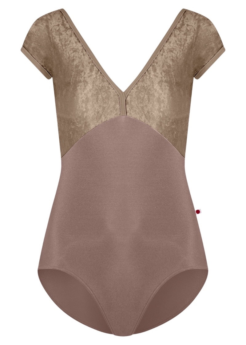Yumiko women's Alicia cap sleeve leotard in light brown with crushed velvet bust and v-neckline.