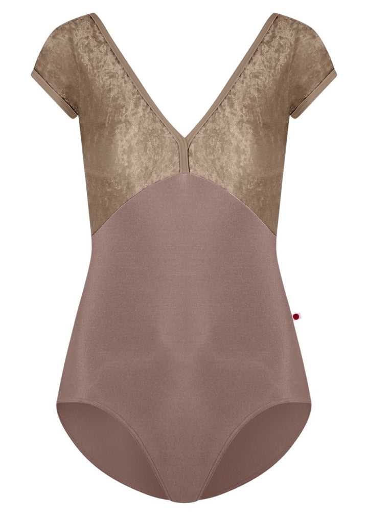 Yumiko women's Alicia cap sleeve leotard in light brown with crushed velvet bust and v-neckline.