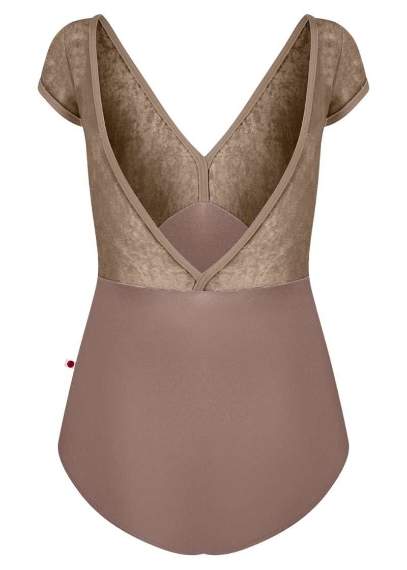 Yumiko women's Alicia cap sleeve leotard in light brown with crushed velvet top and v-back.