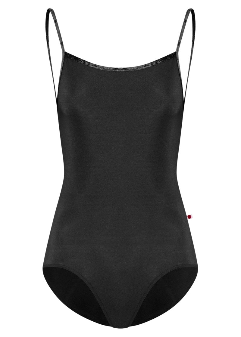 Yumiko women's Daniela camisole leotard in black with crushed velvet trim and straps.