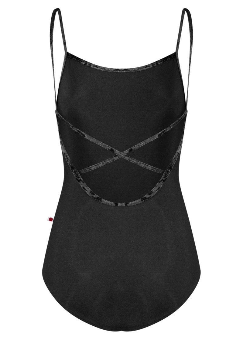 Yumiko women's Daniela camisole leotard in black with crushed velvet trim and straps.