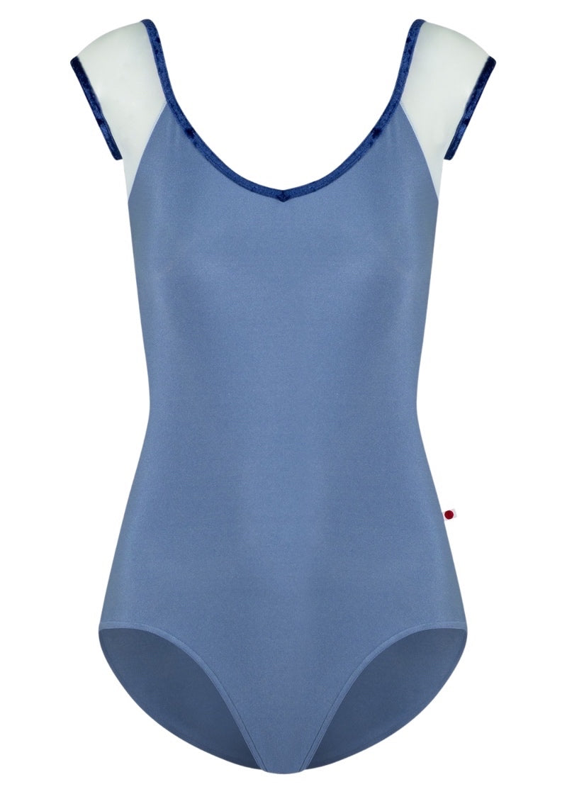 Yumiko women's Nina cap sleeve leotard in light blue with dark blue velvet trim and white mesh sleeves.