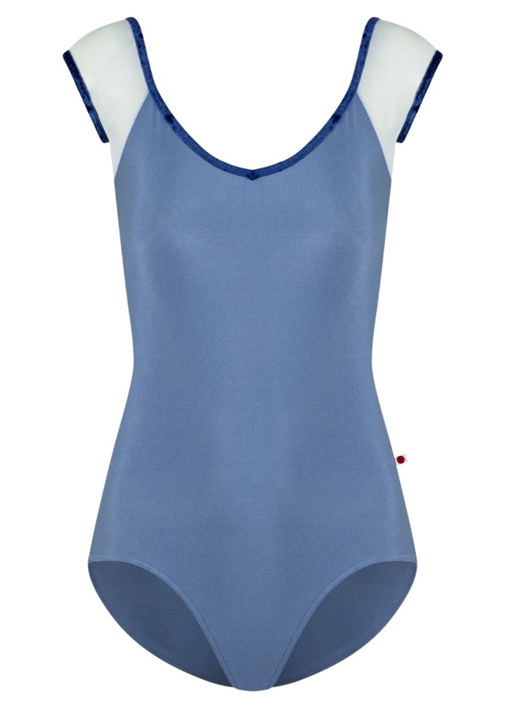 Yumiko women's Nina cap sleeve leotard in light blue with dark blue velvet trim and white mesh sleeves.