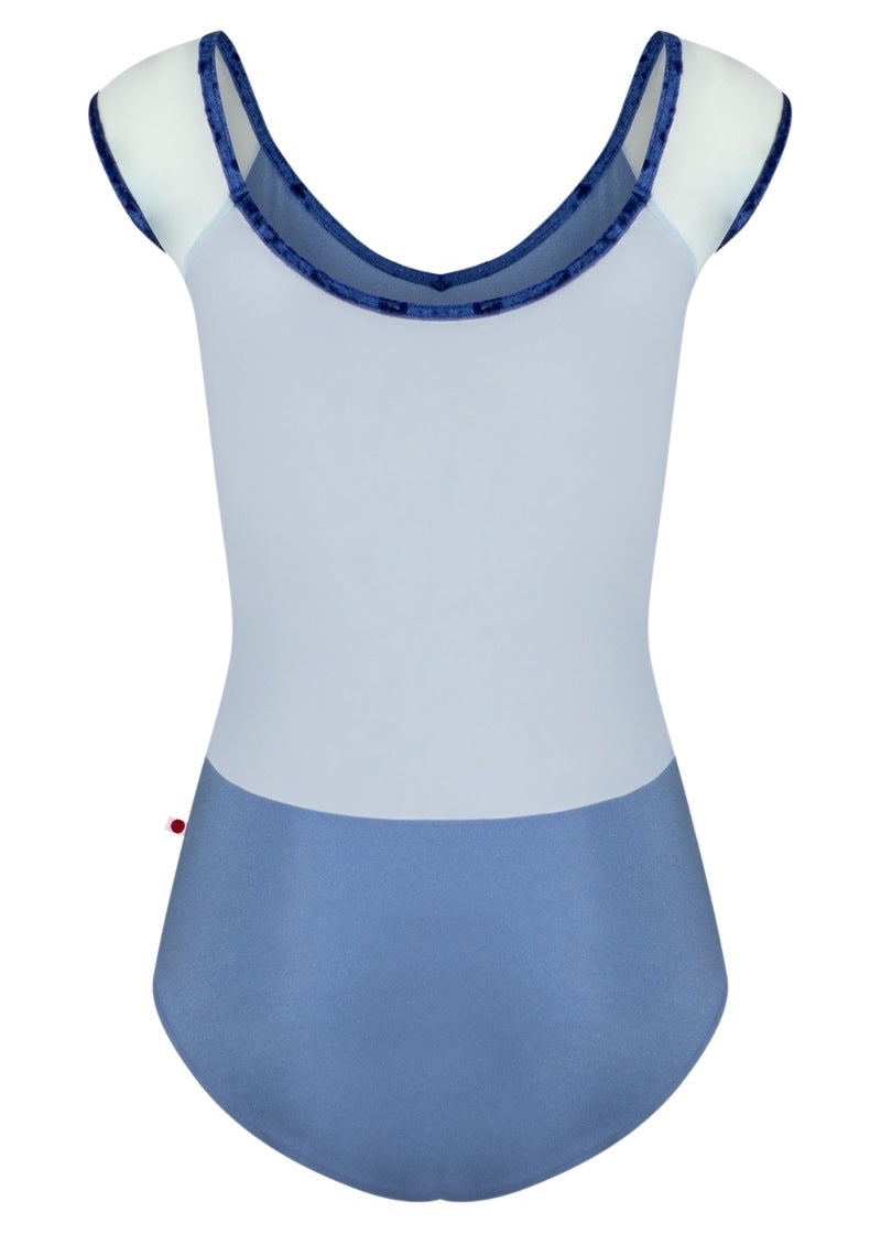 Yumiko women's Nina cap sleeve leotard in light blue with white mesh sleeves and back.