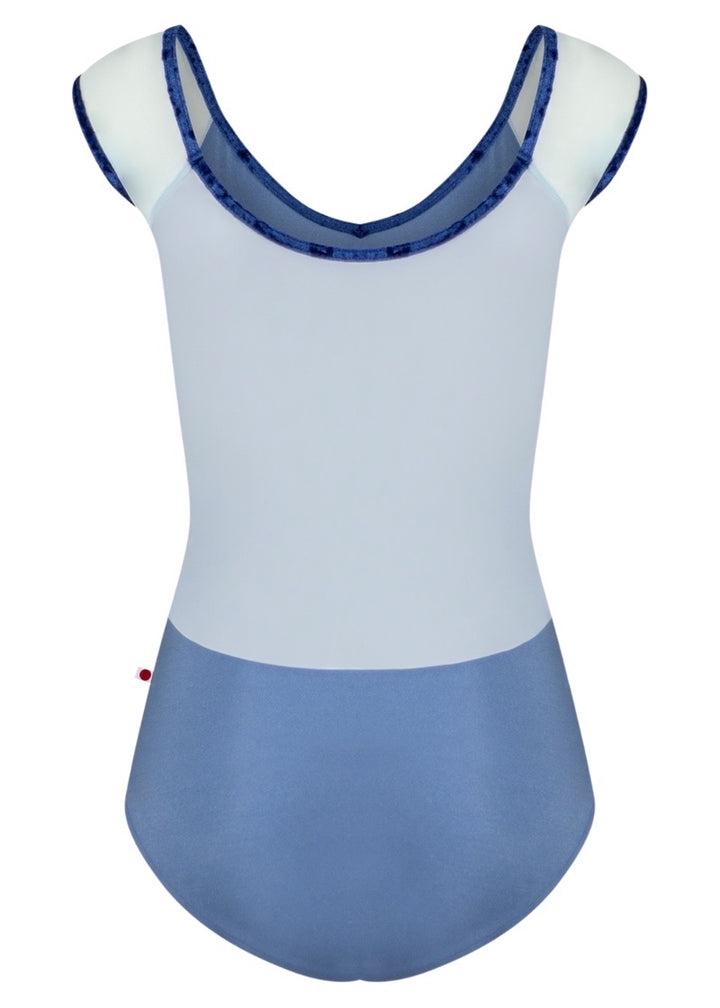 Yumiko women's Nina cap sleeve leotard in light blue with white mesh sleeves and back.