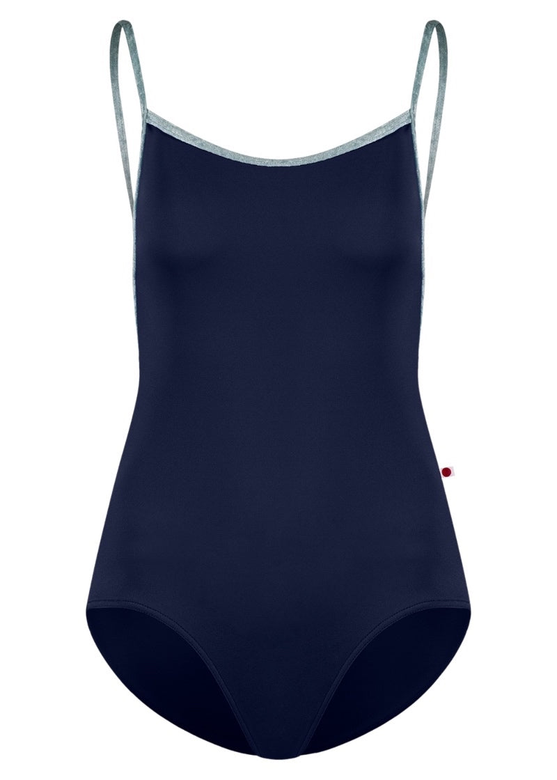 Yumiko women's Tamara camisole leotard in dark blue with grey trim and straps.