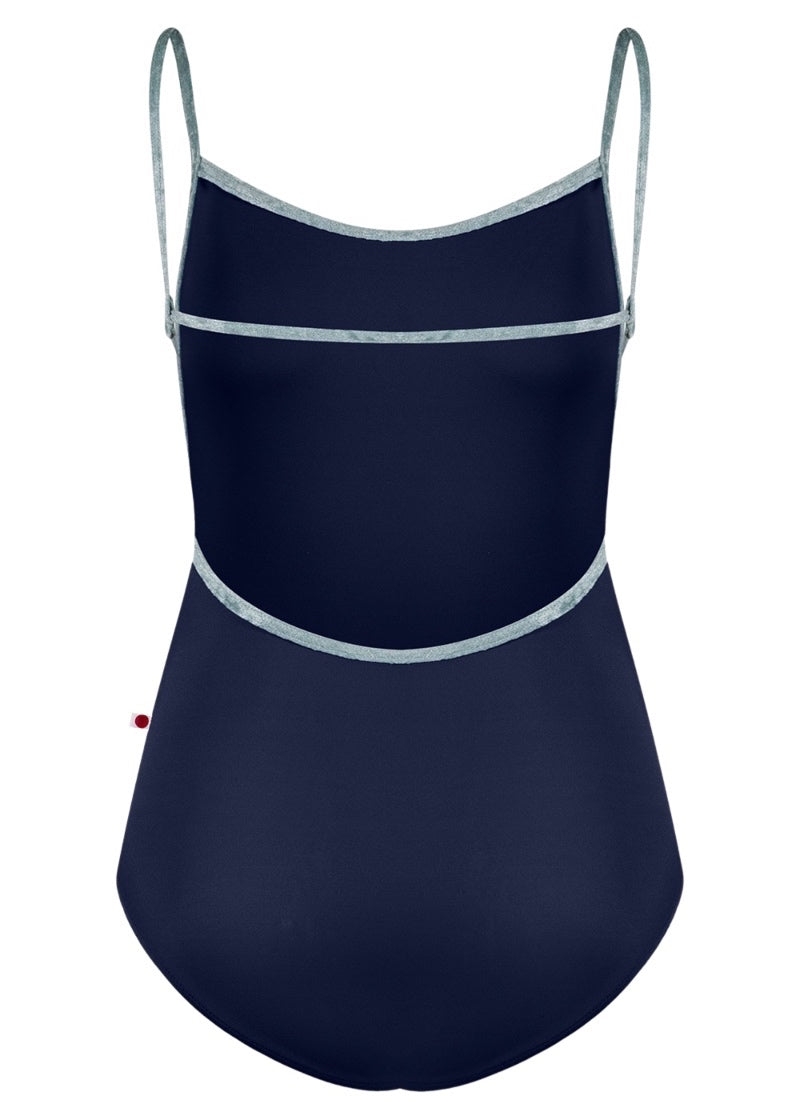 Yumiko women's Tamara camisole leotard in dark blue with grey trim and open, strappy back.