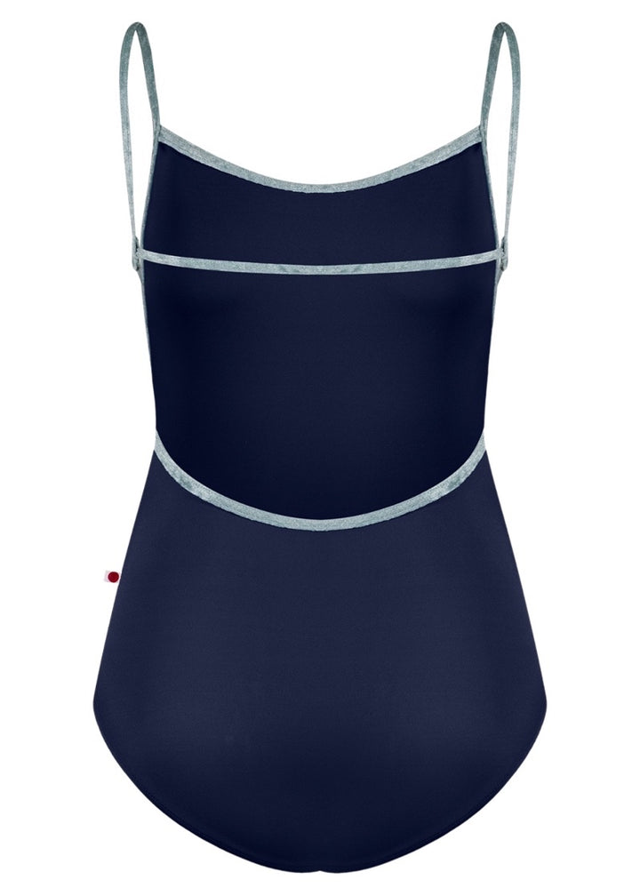 Yumiko women's Tamara camisole leotard in dark blue with grey trim and open, strappy back.