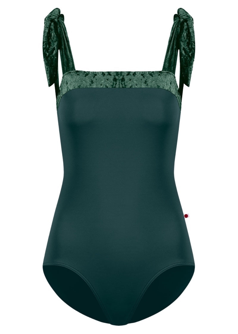 Yumiko women's Mimi tank leotard in dark green with crushed velvet neckline and straps.