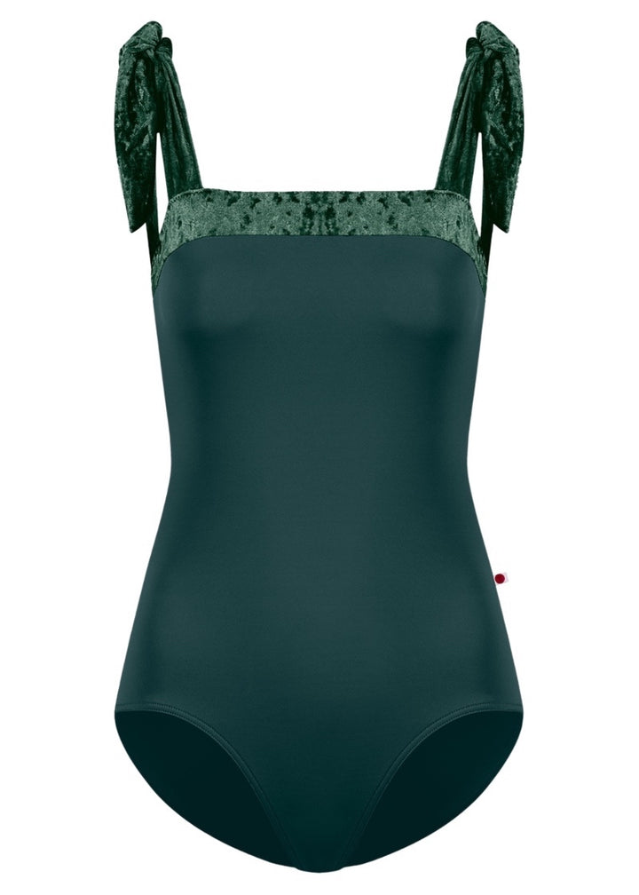 Yumiko women's Mimi tank leotard in dark green with crushed velvet neckline and straps.