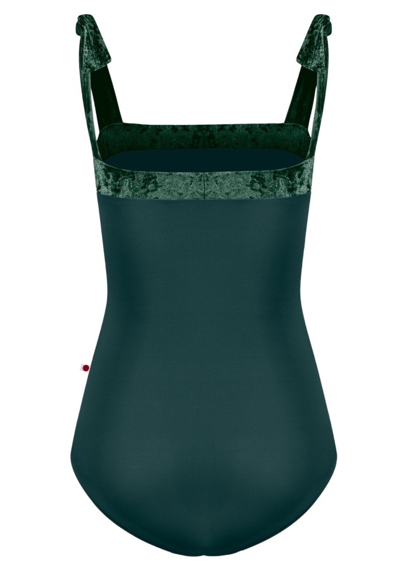 Yumiko women's Mimi tank leotard in dark green with crushed velvet neckline and straps.