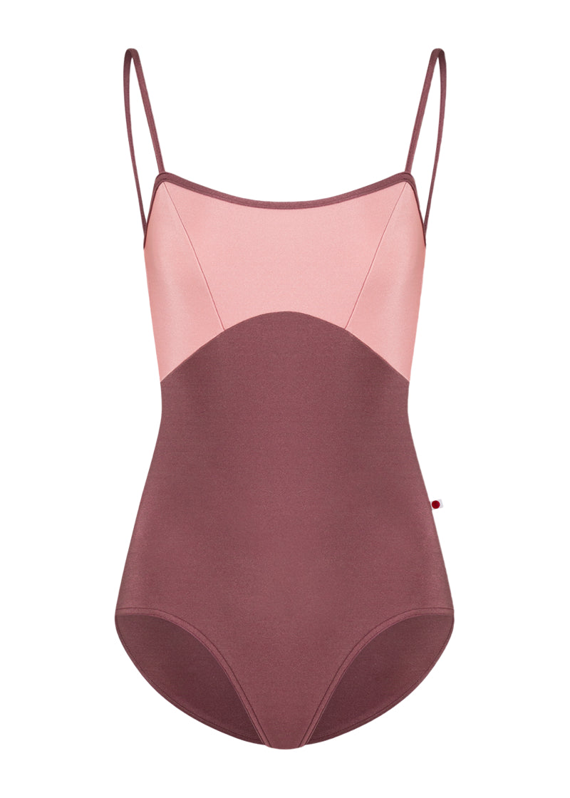 Yumiko women's Denise camisole leotard with dark pink bottom, light pink top, and dark pink straps.