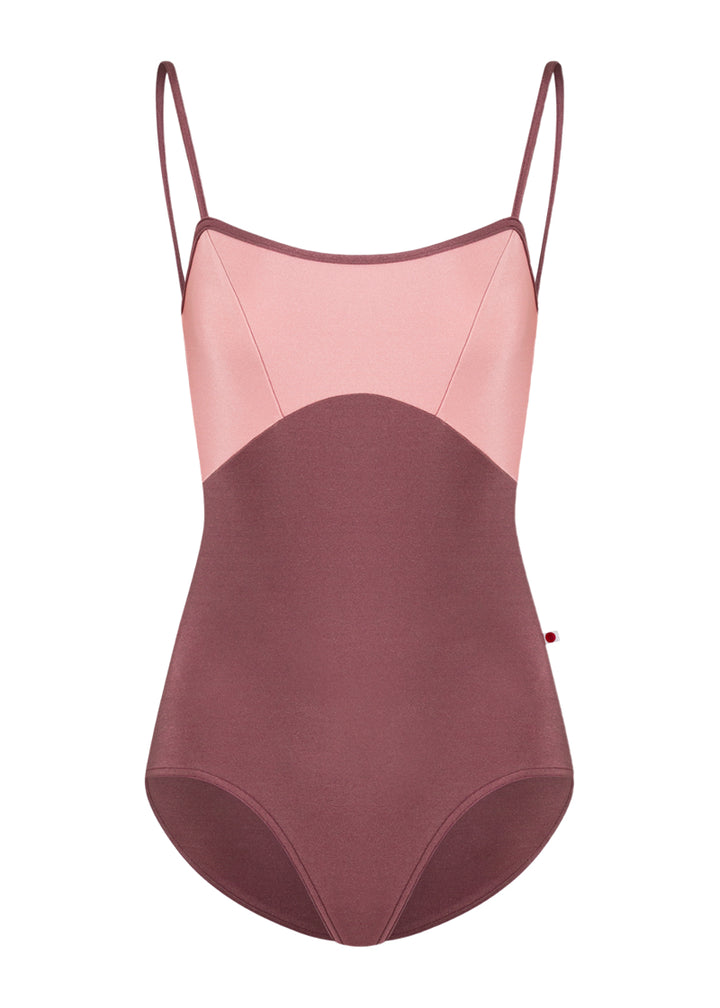 Yumiko women's Denise camisole leotard with dark pink bottom, light pink top, and dark pink straps.