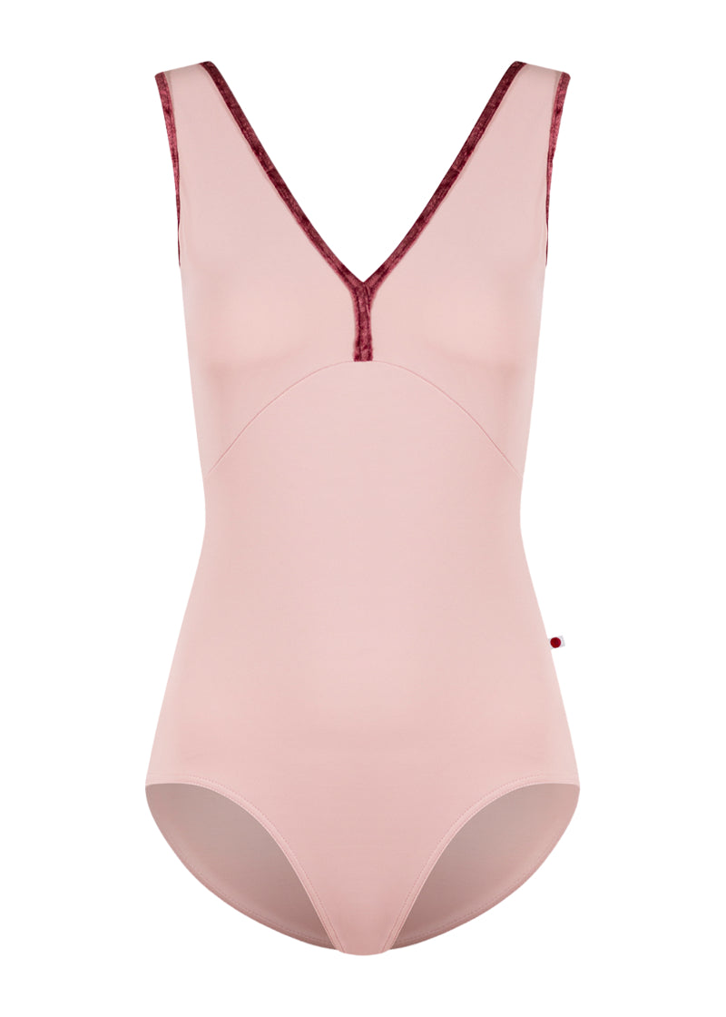 Yumiko women's Alicia tank leotard in light pink with dark red crushed velvet trim.