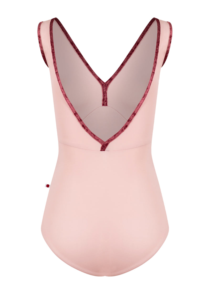 Yumiko women's Alicia tank leotard in light pink with dark red crushed velvet trim.