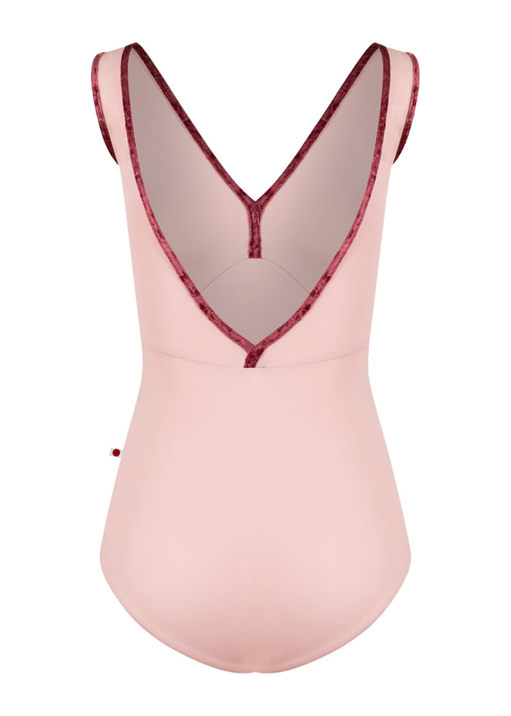 Yumiko women's Alicia tank leotard in light pink with dark red crushed velvet trim.