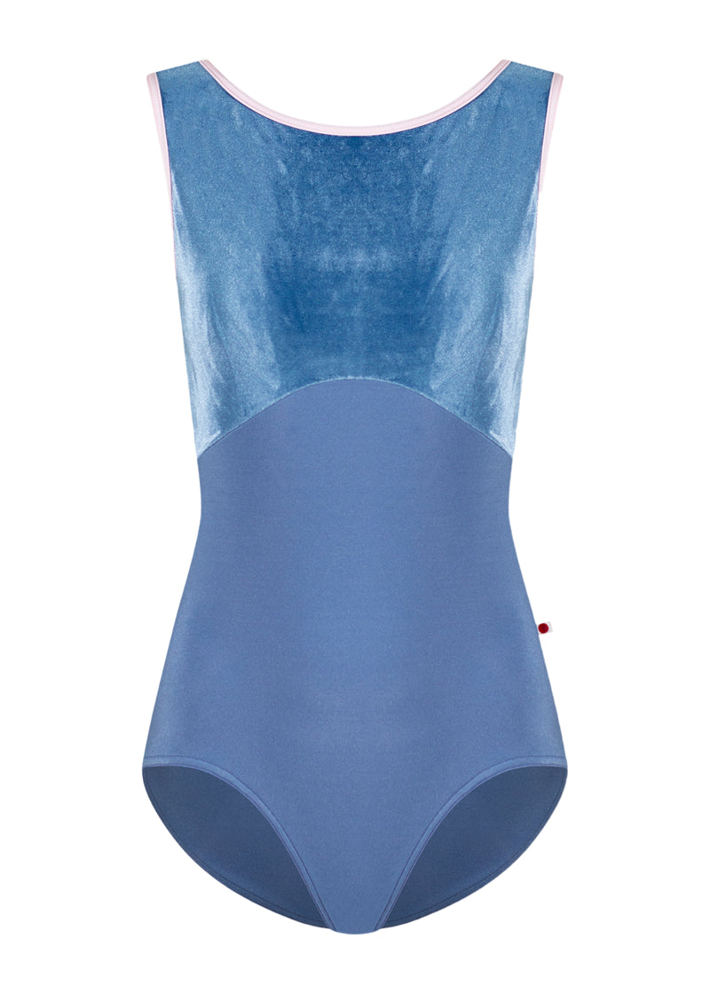 Yumiko women's Sofiane Duo tank leotard with light blue velvet top, light blue bottom, and light pink trim.