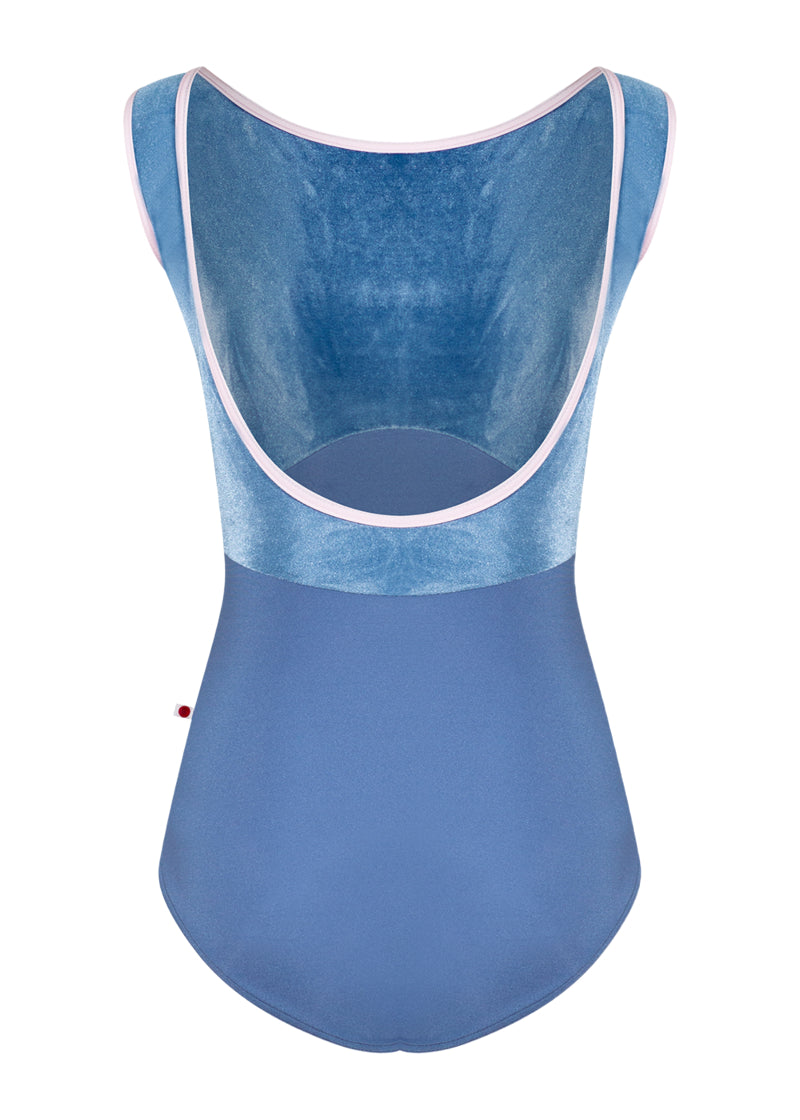Yumiko women's Sofiane Duo tank leotard with light blue velvet top, light blue bottom, and light pink trim.