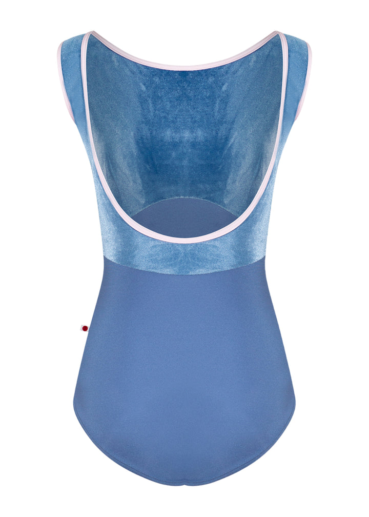 Yumiko women's Sofiane Duo tank leotard with light blue velvet top, light blue bottom, and light pink trim.