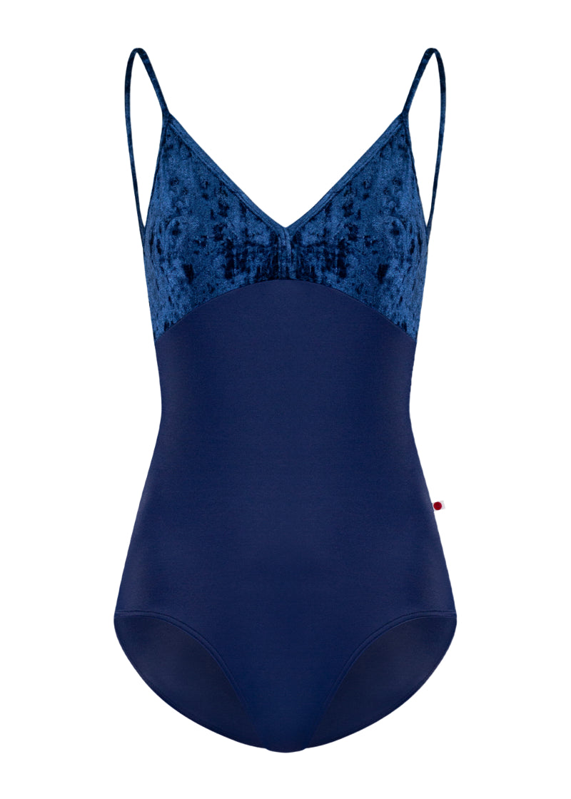 Yumiko women's Daria camisole leotard in dark blue with crushed velvet top.