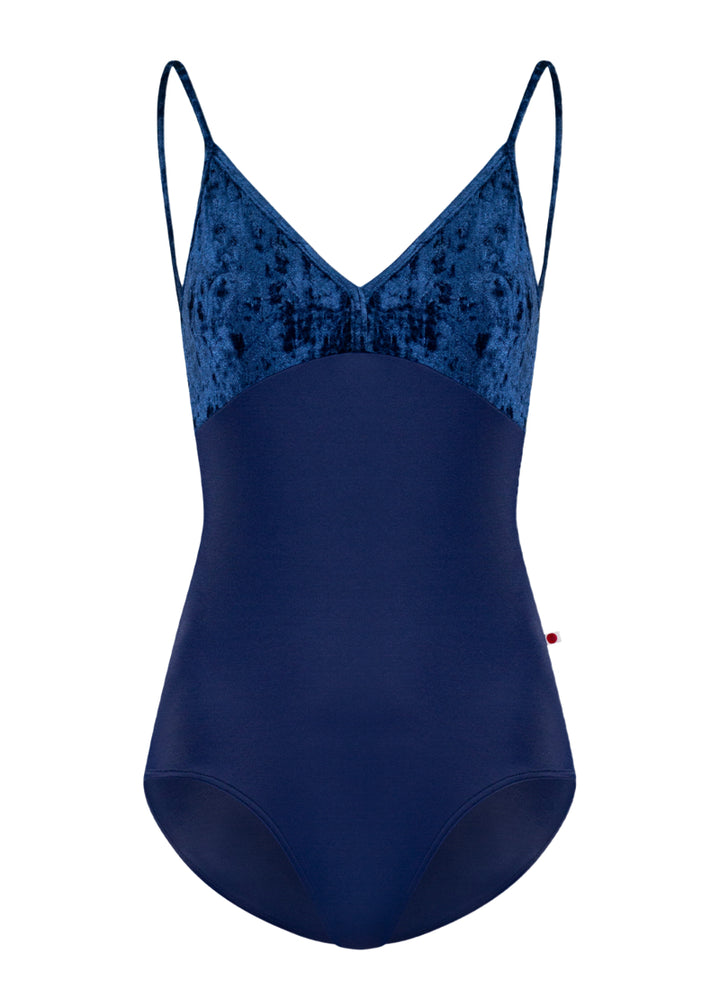 Yumiko women's Daria camisole leotard in dark blue with crushed velvet top.