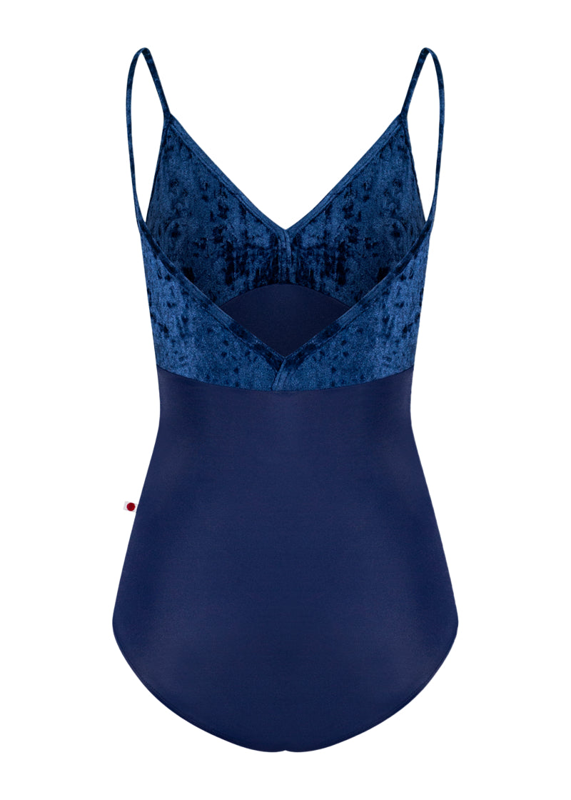 Yumiko women's Daria camisole leotard in dark blue with crushed velvet top.