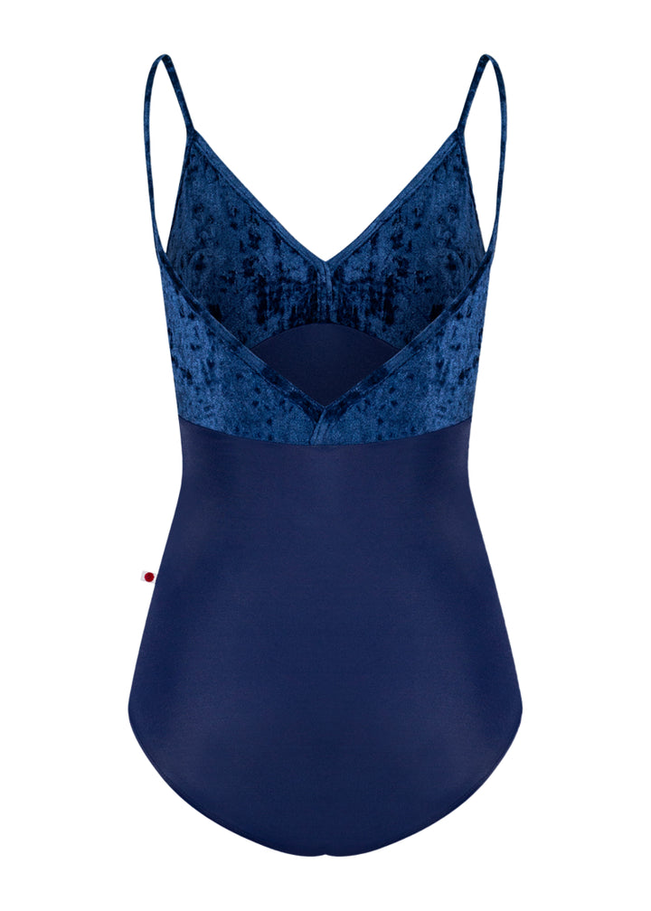Yumiko women's Daria camisole leotard in dark blue with crushed velvet top.
