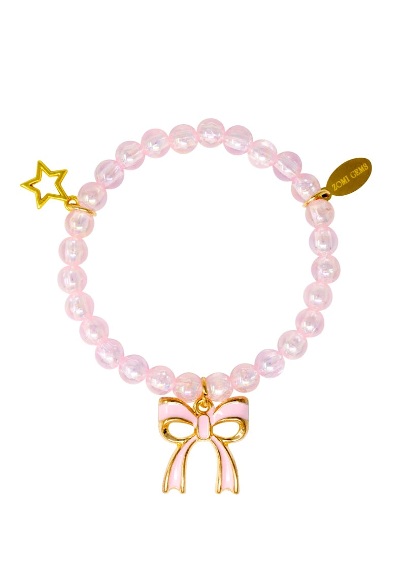 Beaded charm bracelet with light pink beads, pink bow charm, and star charm.