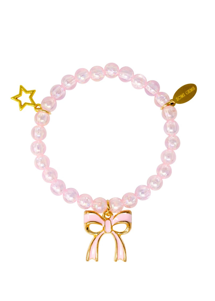 Beaded charm bracelet with light pink beads, pink bow charm, and star charm.