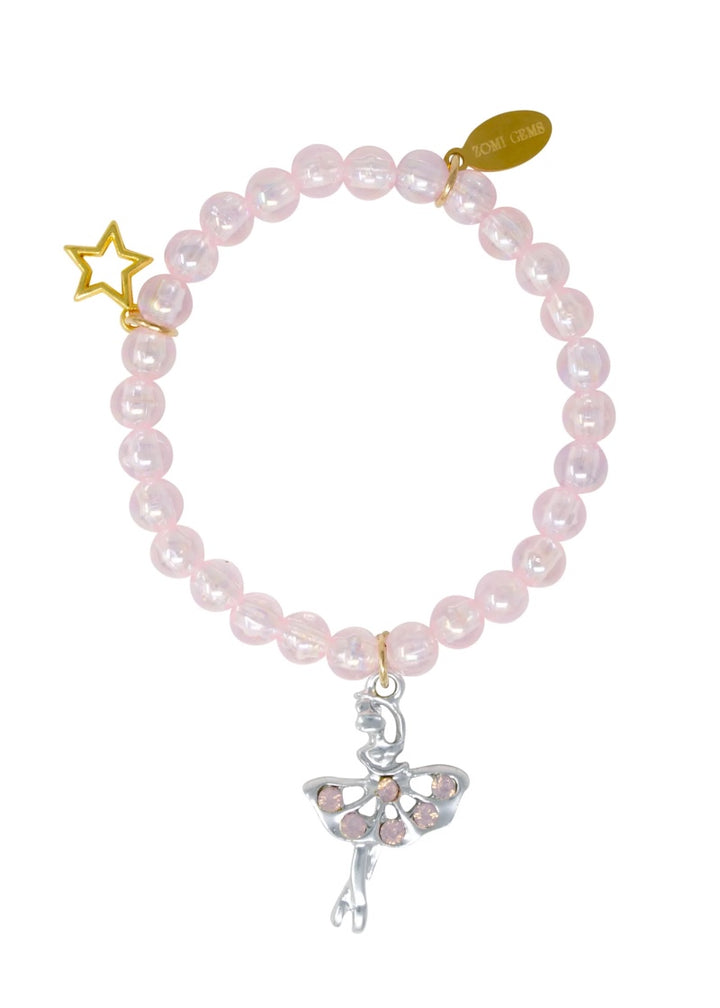 Beaded charm bracelet with light pink beads, ballerina charm, and star charm.