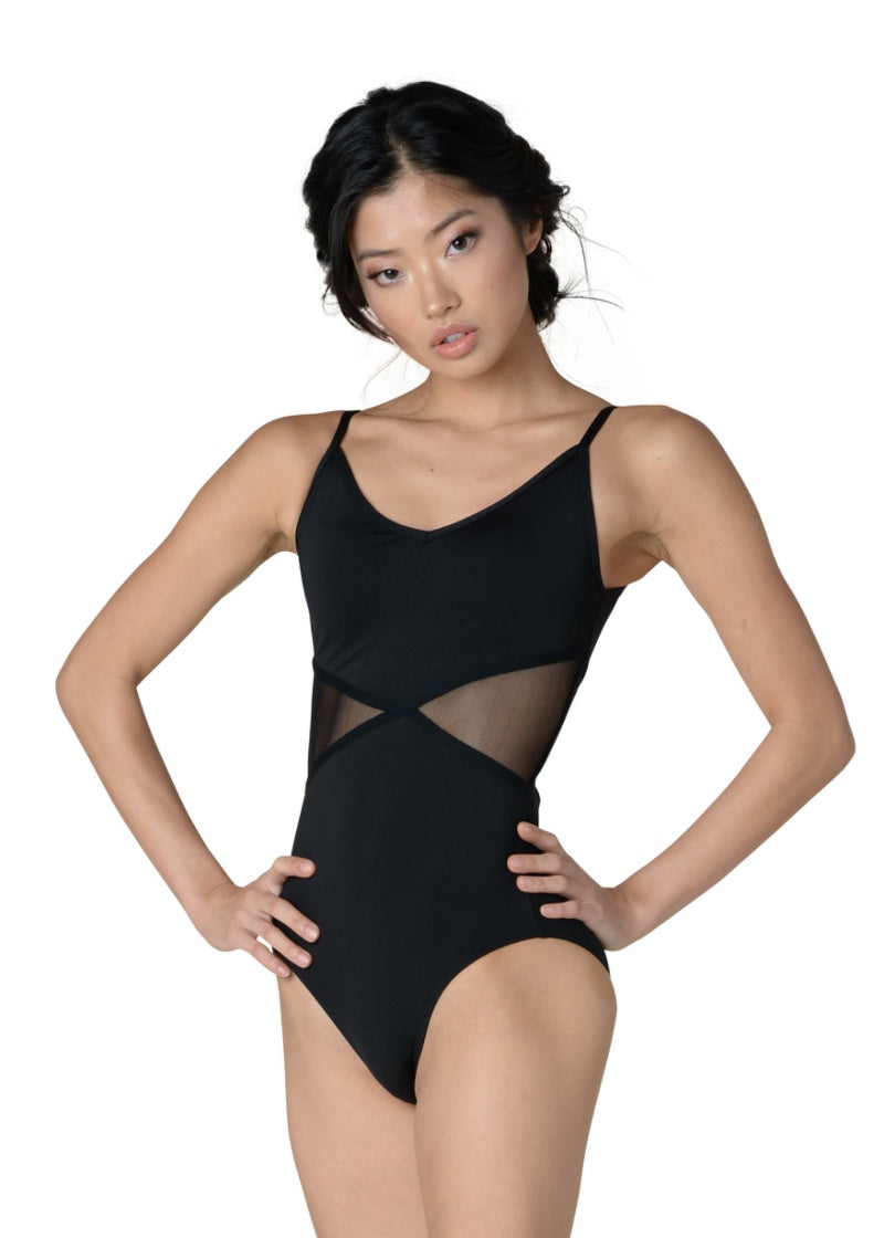 Danznmotion women's Alexis camisole leotard in black with mesh side panels.