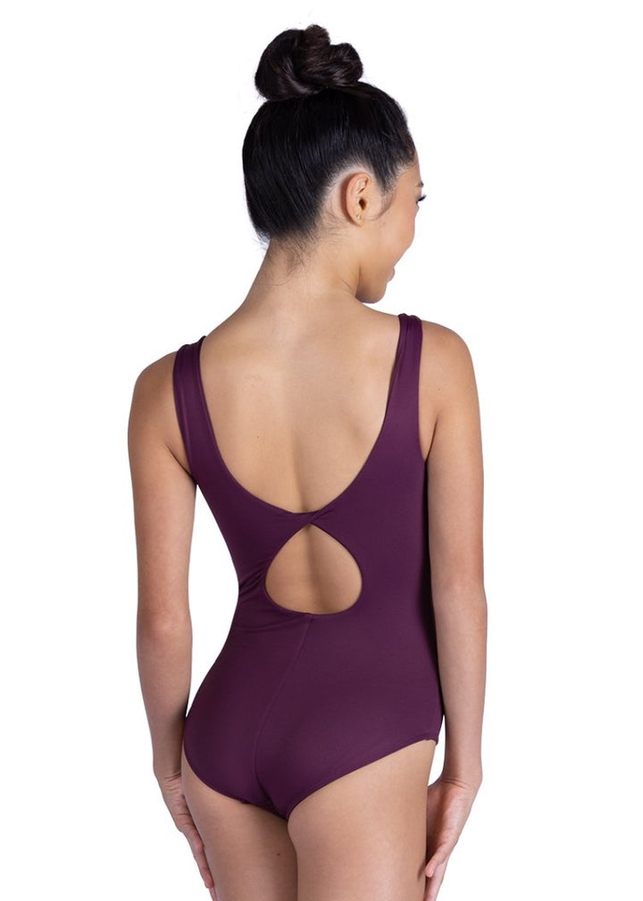 Danznmotion women's Noemi tank leotard in purple with scoop keyhole back.