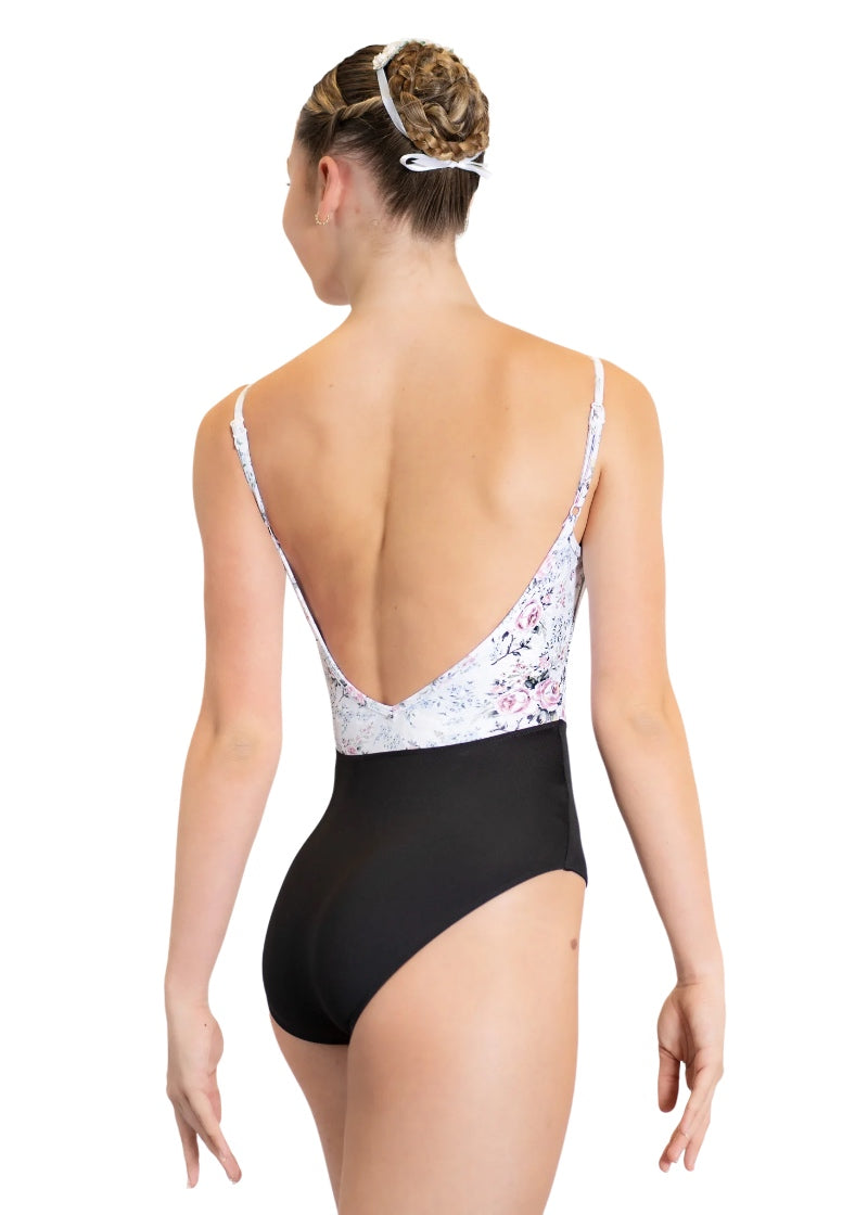 Danse de Paris women's Demi Jardin camisole leotard with adjustable straps, floral printed white bodice, black bottom, and deep v-back.