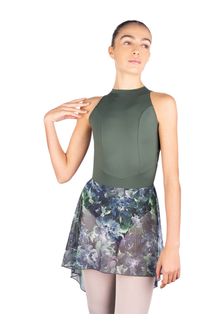 Ballet Rosa women's Danica pull-on high-low skirt with blue floral pattern.