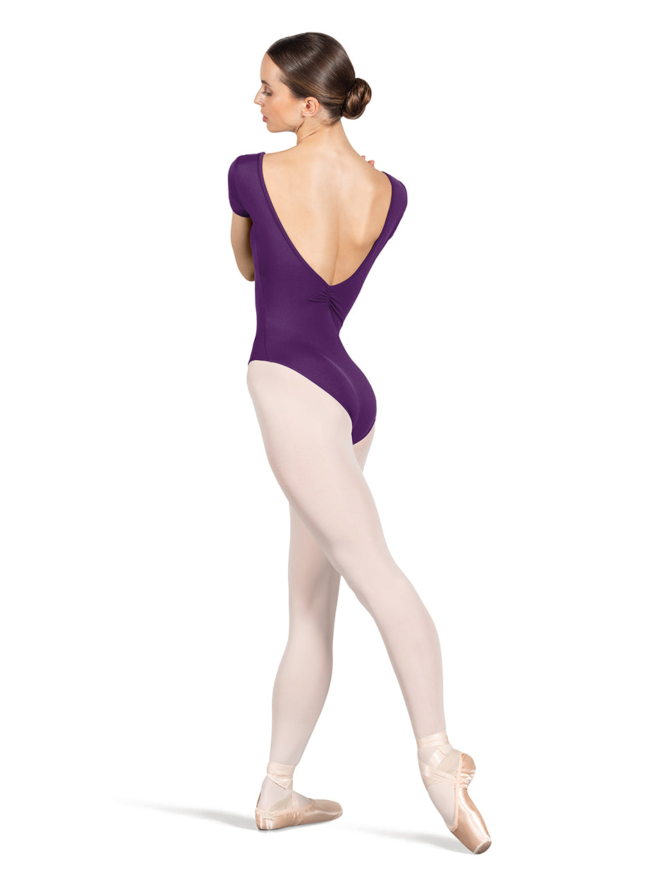 Bloch women's cap sleeve leotard in purple with mid pinch back.