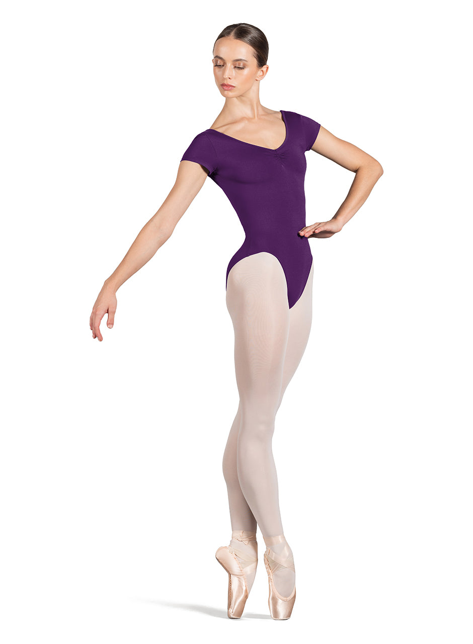 Bloch women's cap sleeve leotard in purple with pinch front neckline.